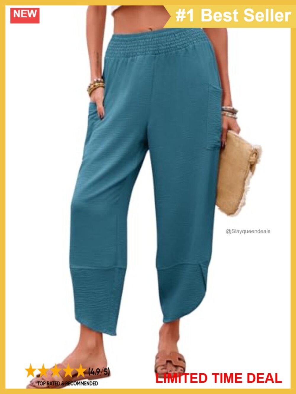 Womens Palazzo Capri Pants Smocked Waist Cropped Wide Leg with Pockets